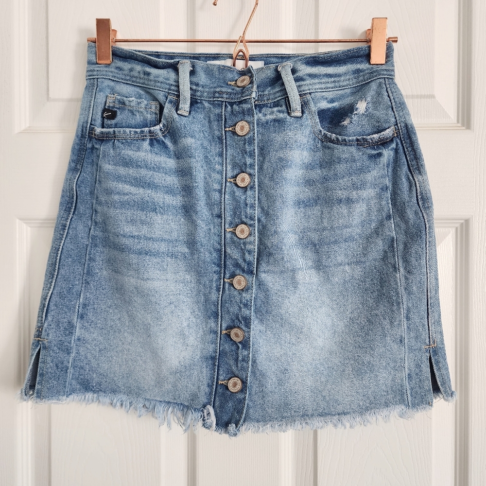 Kancan Button Front Distressed Denim Mini‎ Skirt